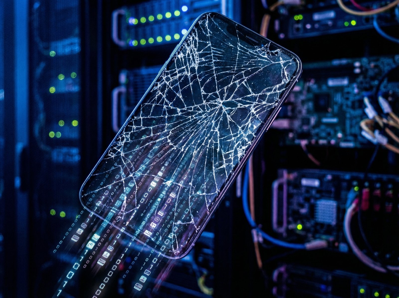 A visual representation of a smartphone screen, cracked and distorted, with data flow lines moving downward, symbolizing the negative impact of memory shortage. The background is a dark, tech-oriented environment. Informational, high contrast, aspect ratio 4:3, no visible text.
