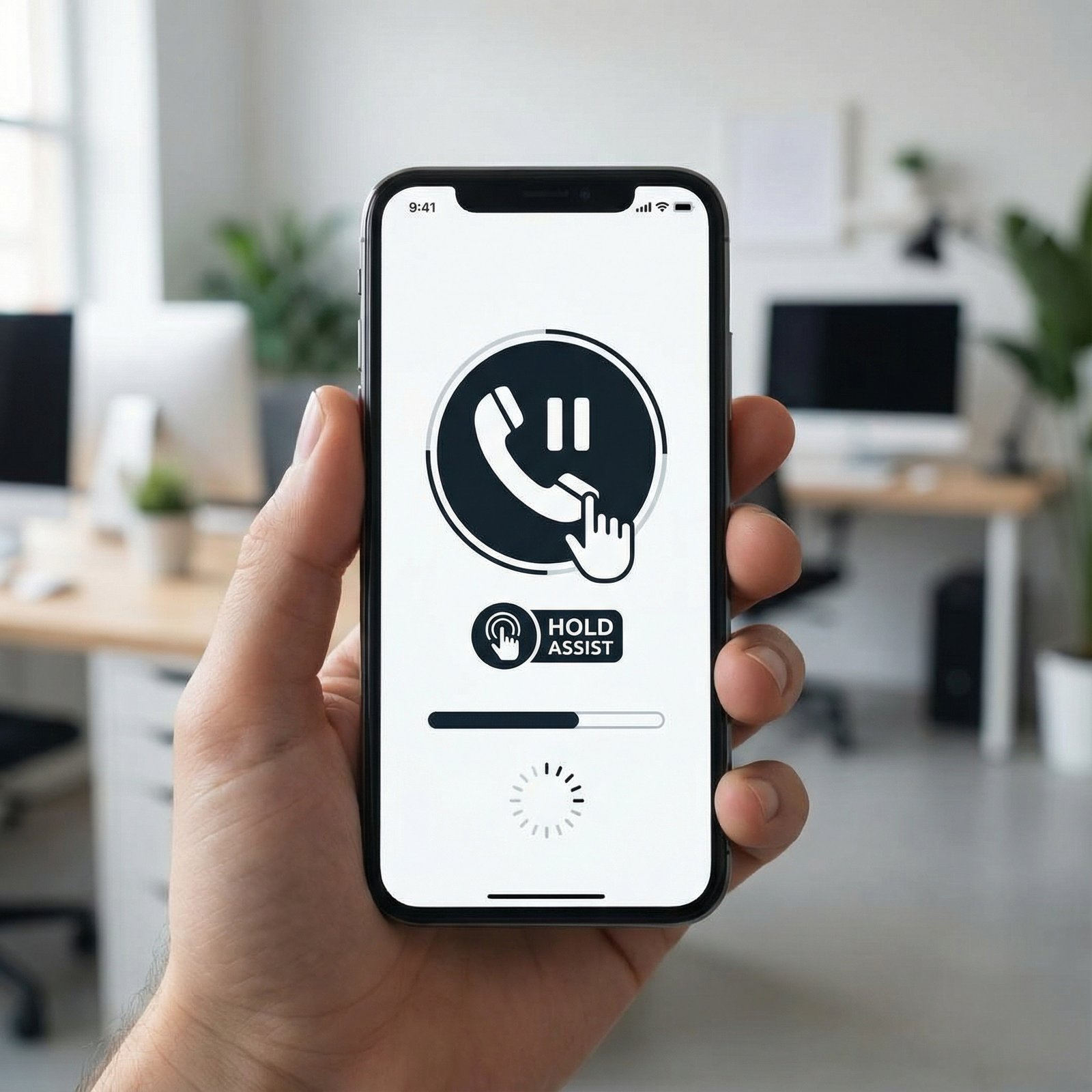 A close-up shot of an iPhone screen displaying a "Hold Assist" interface during a phone call, with a blurred background of a modern office. The screen shows call duration and a small "Hold Assist" icon. Aspect ratio 1:1, no visible text, clean infographic style, high contrast.