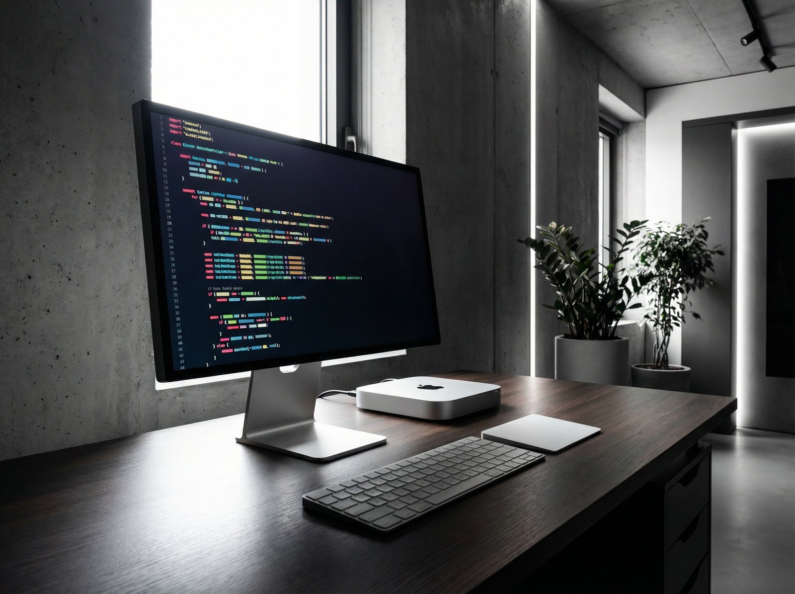 A sleek, portable 16-inch monitor with an aluminum stand, displaying a coding interface next to a Mac mini setup, modern layout, high contrast, no visible text, aspect ratio 4:3