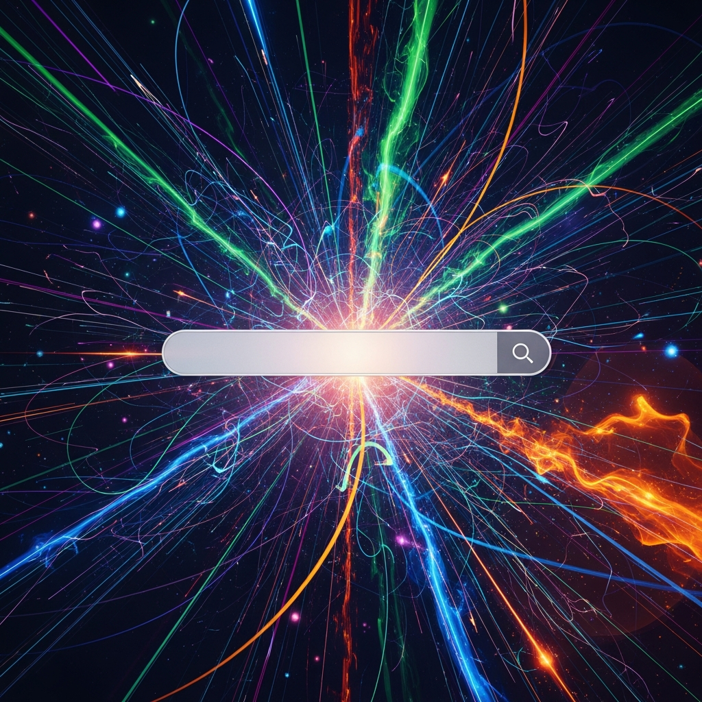 A visually rich, abstract illustration representing the Spotlight search bar on a macOS desktop, subtly indicating intense background activity or a hidden process. Swirling lines or energetic patterns emanate from the search bar, suggesting heavy data processing. Modern, digital art style, vibrant colors, no text.