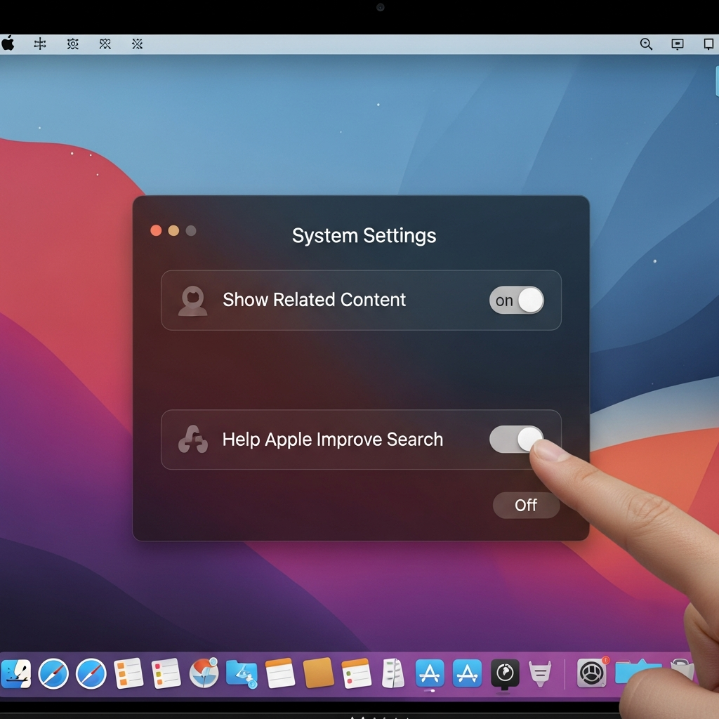 A close-up of a MacBook screen showing the System Settings application, specifically the Spotlight preferences pane. Two toggles, labeled in English as "Show Related Content" and "Help Apple Improve Search", are clearly visible, with one being interacted with (e.g., a finger hovering over or just having clicked it to 'off'). Clean UI representation, modern layout, high contrast, no Korean text, minimal English UI text is acceptable.