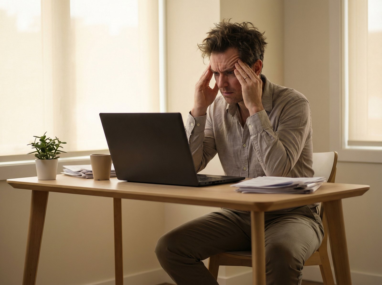 A professional office worker sitting at a modern desk, looking stressed and worried while staring at a blank laptop screen, soft indoor lighting, realistic photography style, 4:3 aspect ratio, no visible text