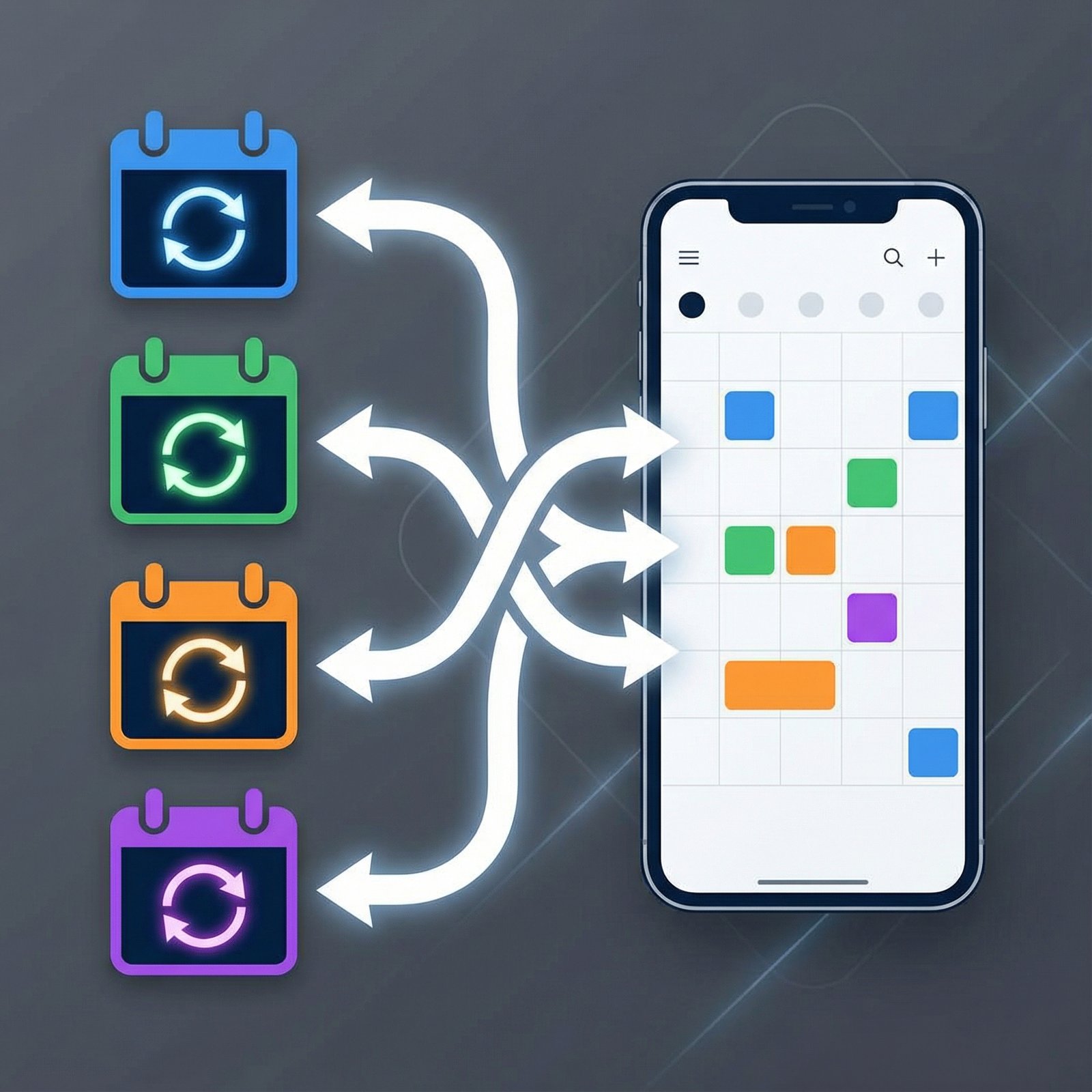 A clean infographic showing multiple calendar icons and a smartphone screen with arrows indicating seamless synchronization of events. Modern layout, high contrast, no visible text. Aspect ratio 1:1.