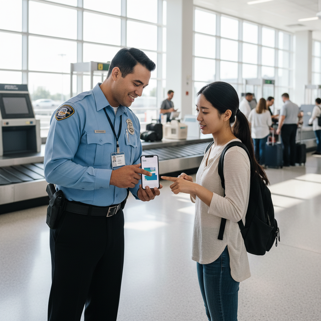 A friendly TSA officer at a bright airport security line looking at a passenger's iPhone screen, professional setting, natural daylight, Korean passenger appearance, no text, 4:3