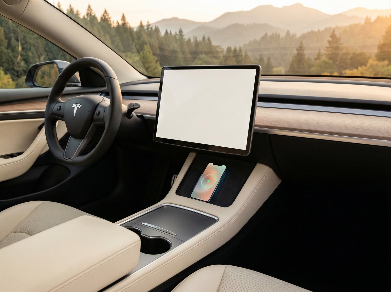 A sleek, minimalist Tesla car interior from the driver's perspective, with an iPhone placed on the wireless charging pad. The iPhone screen is subtly lit, hinting at connection. The interior features a large central display and clean lines. Warm lighting, natural setting, no visible text, aspect ratio 4:3.