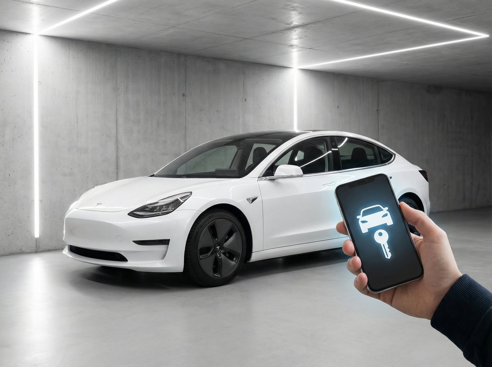 A sleek white Tesla car with a smartphone held next to the door handle, displaying a digital car key icon on the screen. The background is a modern, clean garage. Informational style, clean infographic, modern layout, high contrast, aspect ratio 4:3, no visible text, No Korean text.