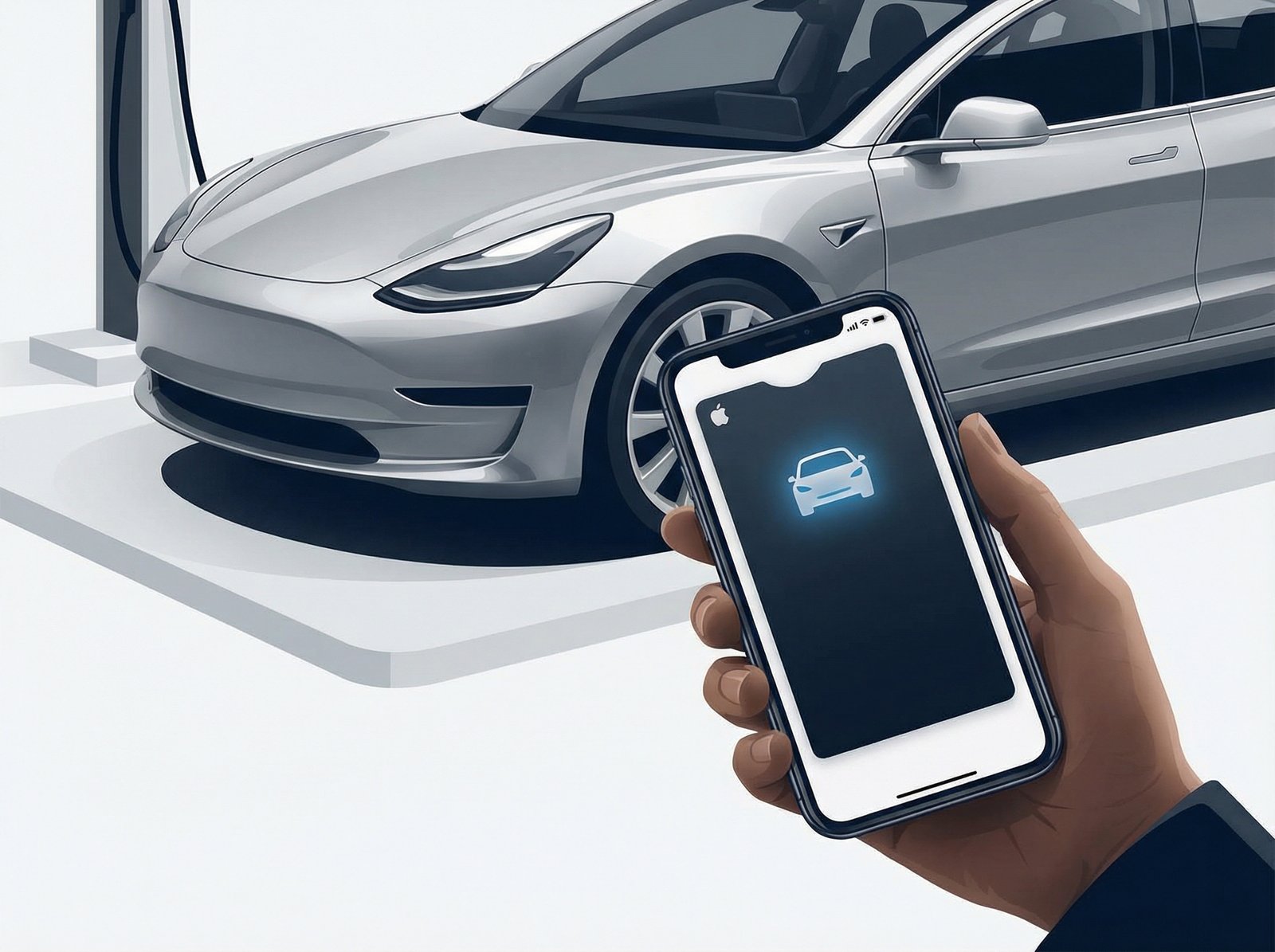 A sleek silver Tesla Model 3 parked, with a close-up of a hand holding an iPhone displaying the Apple Wallet app with a car key icon. Modern, clean infographic style, high contrast. Aspect ratio 4:3. No visible text.