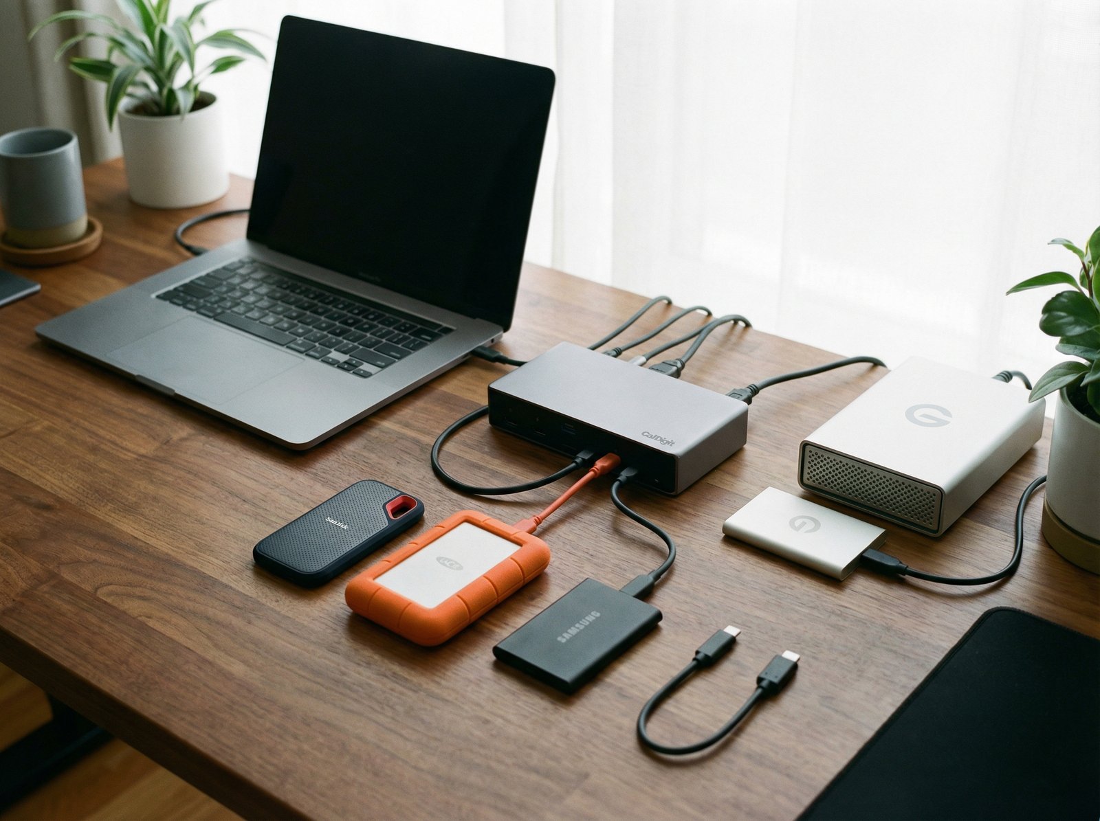 A Thunderbolt dock connected to a MacBook, with several external SSDs and hard drives neatly arranged around it. The setup is clean, showing efficient use of external storage and connectivity. aspect ratio 4:3, no visible text, no Korean text