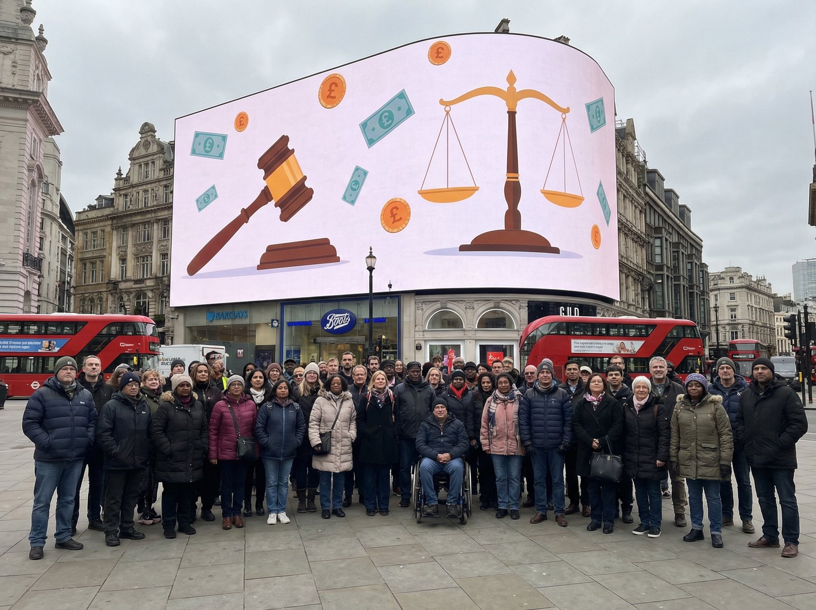 Diverse group of people standing together, looking towards a large screen displaying legal symbols and money, representing a collective action by consumers in the UK. Aspect ratio 4:3, no visible text.