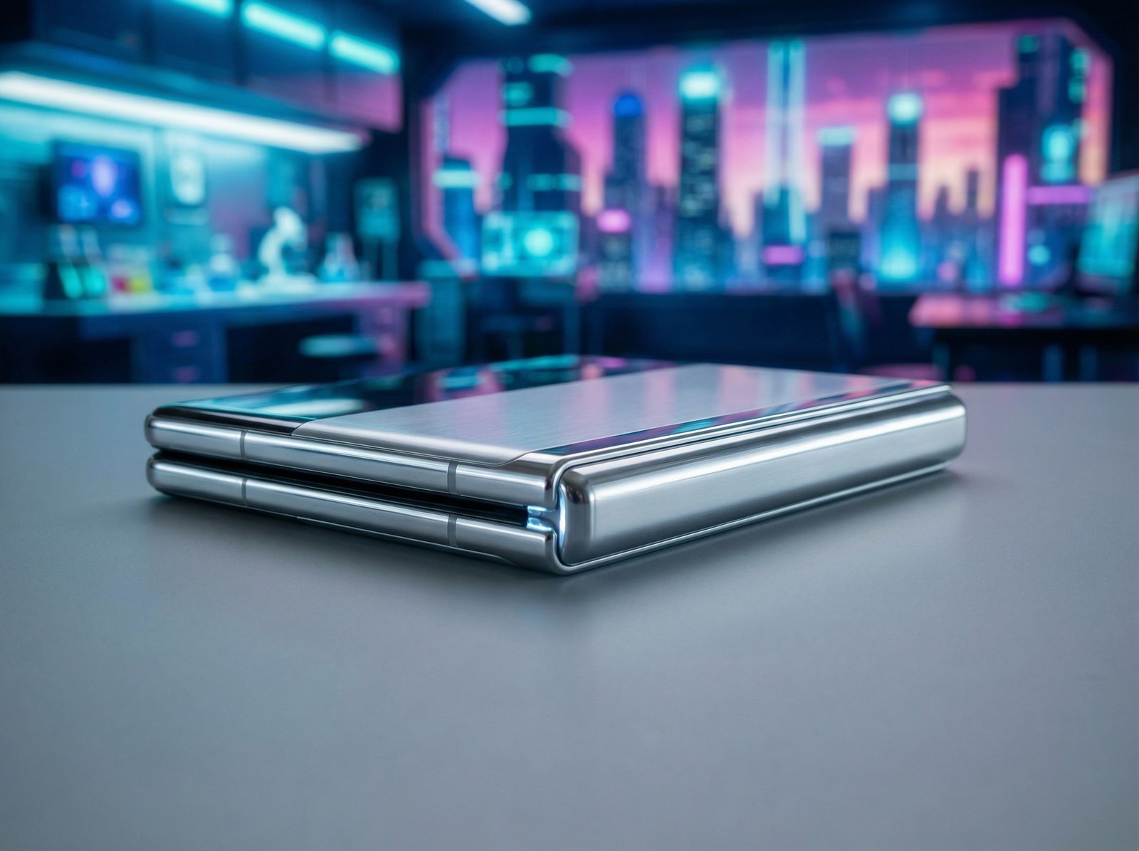 A futuristic, ultra-thin foldable smartphone concept, folded in half, showcasing its slim profile. The background is a blurred, high-tech environment. Aspect ratio 4:3, no visible text.