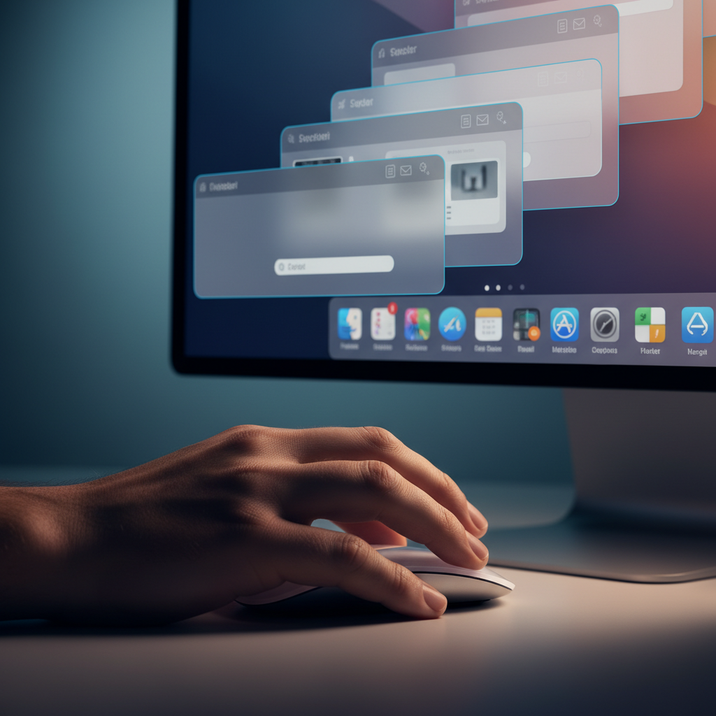 Close up of a person hand using a magic mouse with a Mac screen showing live window previews popping up from the dock icons, high contrast, clean UI elements, blurred studio background, no text, 4:3