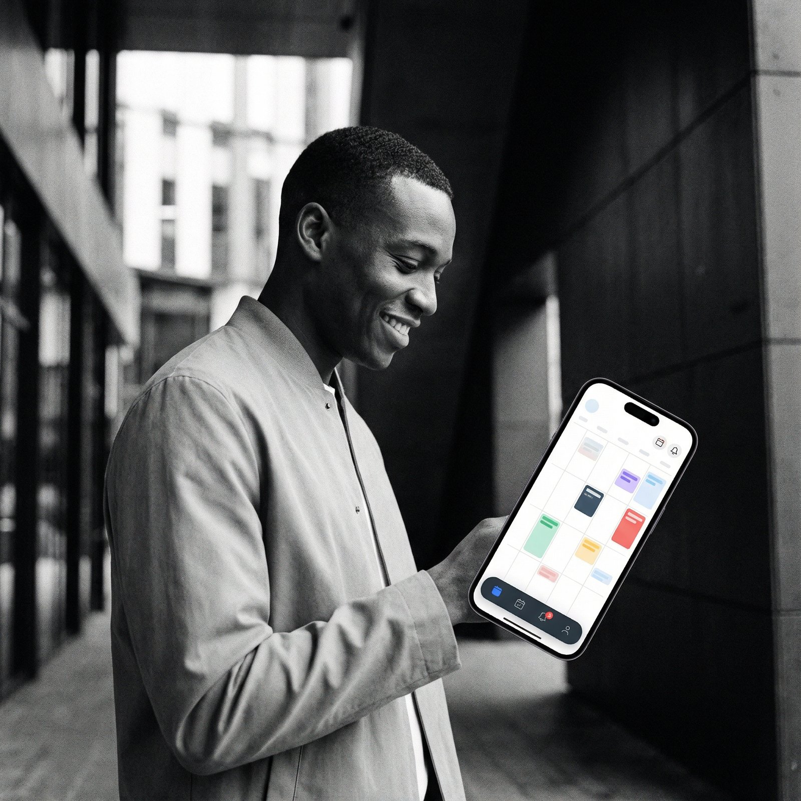 A smiling user looking confidently at their smartphone, which displays an organized calendar and event notifications. Clean, modern aesthetic, high contrast, no visible text. Aspect ratio 1:1.