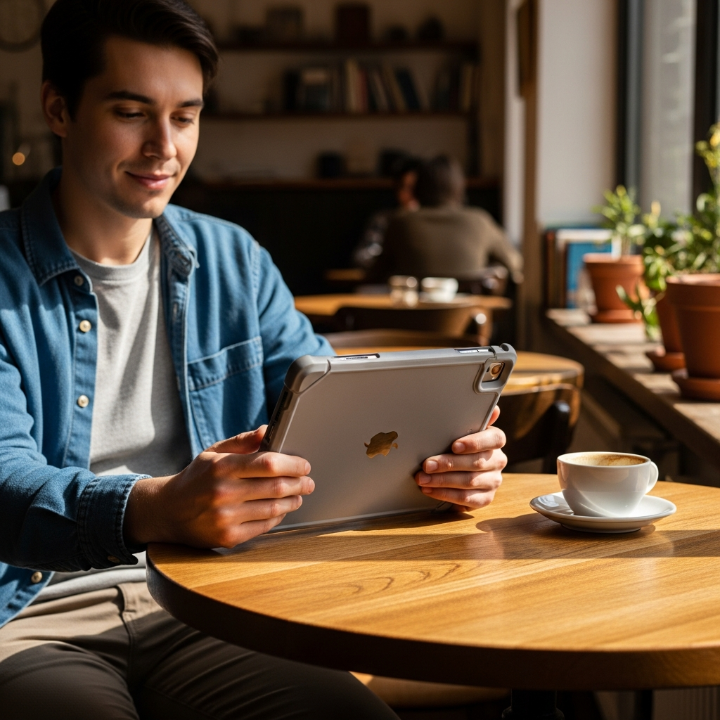 Lifestyle photo of a person using an iPad securely in a cafe, showing a sense of protection and ease. Warm lighting, natural setting. No text.