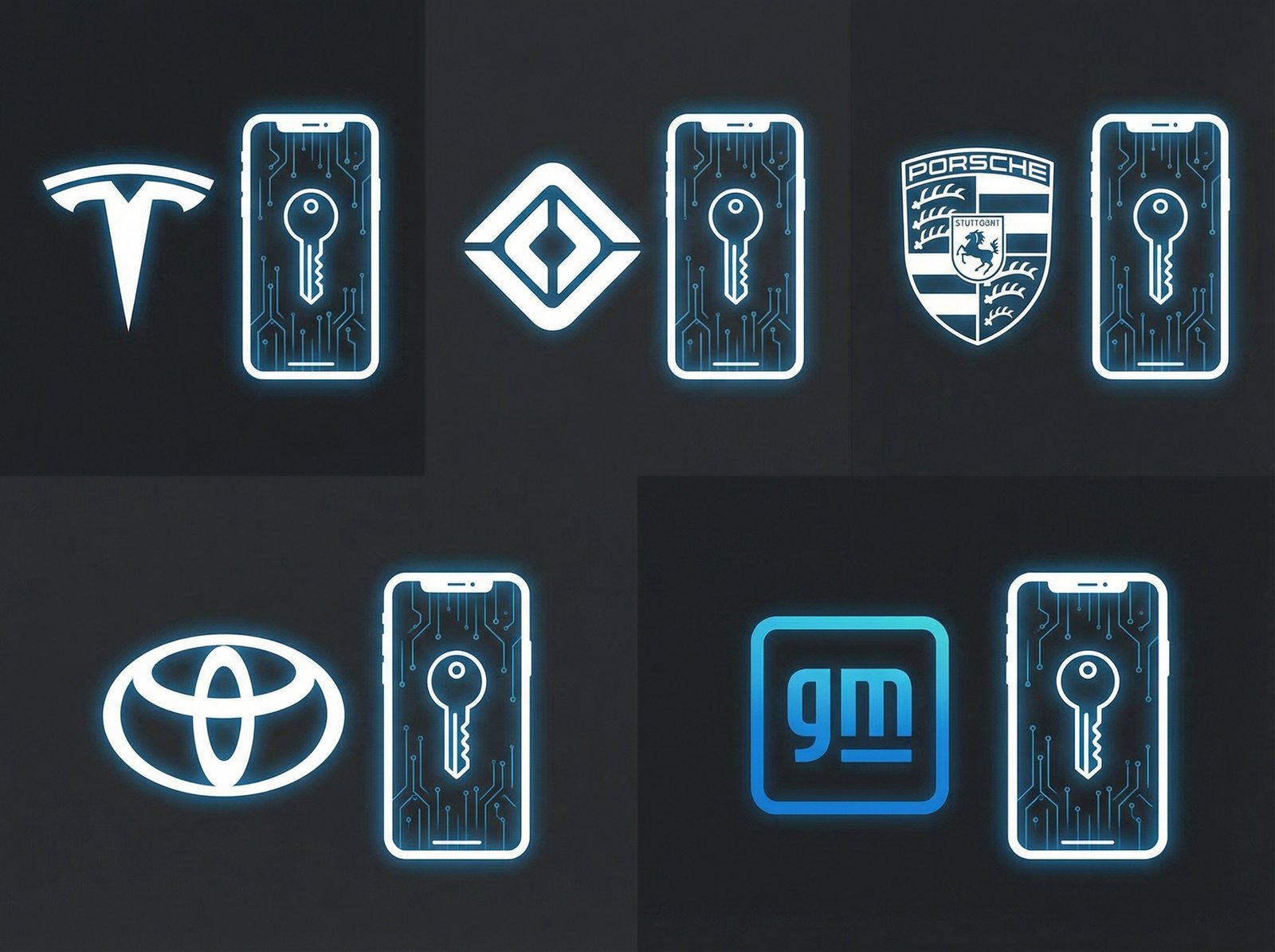A collage or infographic of multiple car brand logos (Tesla, Rivian, Porsche, Toyota, GM) each accompanied by a digital key icon or smartphone symbol. Informational style, clean layout, high contrast. aspect ratio 4:3, no visible text, No Korean text.