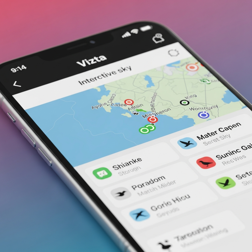A close-up of a smartphone screen displaying the Vizta App interface with identified bird species and an interactive sky map. The screen shows clear English text labels for the identified objects. Style: clean infographic, modern layout, high contrast. No visible text in image. If UI elements needed, English-only minimal text. Never use Korean characters. Always colored/gradient/textured background, minimize margins, fill frame. Bright, balanced lighting. Centered focus, visually rich, no empty margins.