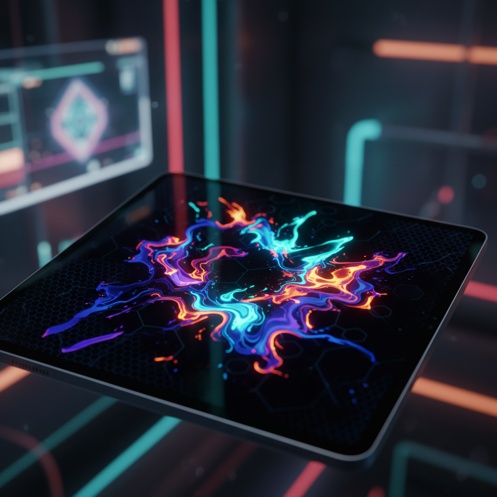 A detailed close-up of a high-quality OLED tablet screen displaying vibrant colors and deep blacks, futuristic tech vibe, rich background, no text, 1:1