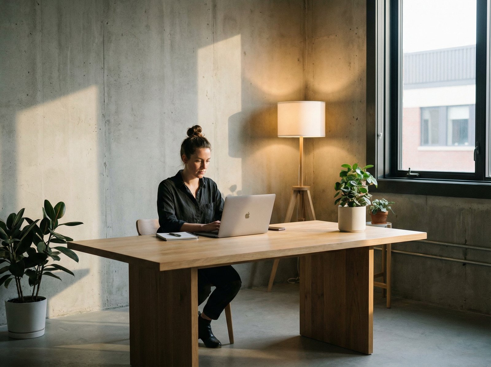 A creative professional working on a sleek modern laptop in a minimalist studio. Focused atmosphere with warm ambient lighting. Lifestyle photography, cinematic composition, 4:3 aspect ratio, no text.