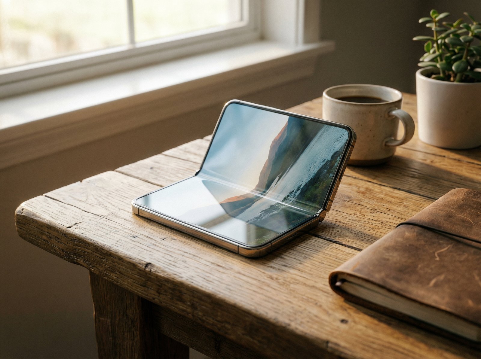 A futuristic foldable iPhone concept displayed on a wooden desk with soft morning light. The device is partially folded showing a seamless flexible screen. High-quality lifestyle photography style, 4:3 aspect ratio, no text.