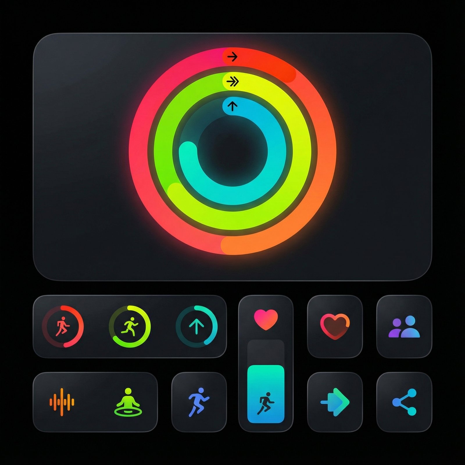 Clean infographic of iOS 26 Fitness app interface with colorful activity rings, modern layout, high contrast, no visible text, 1:1 aspect ratio.
