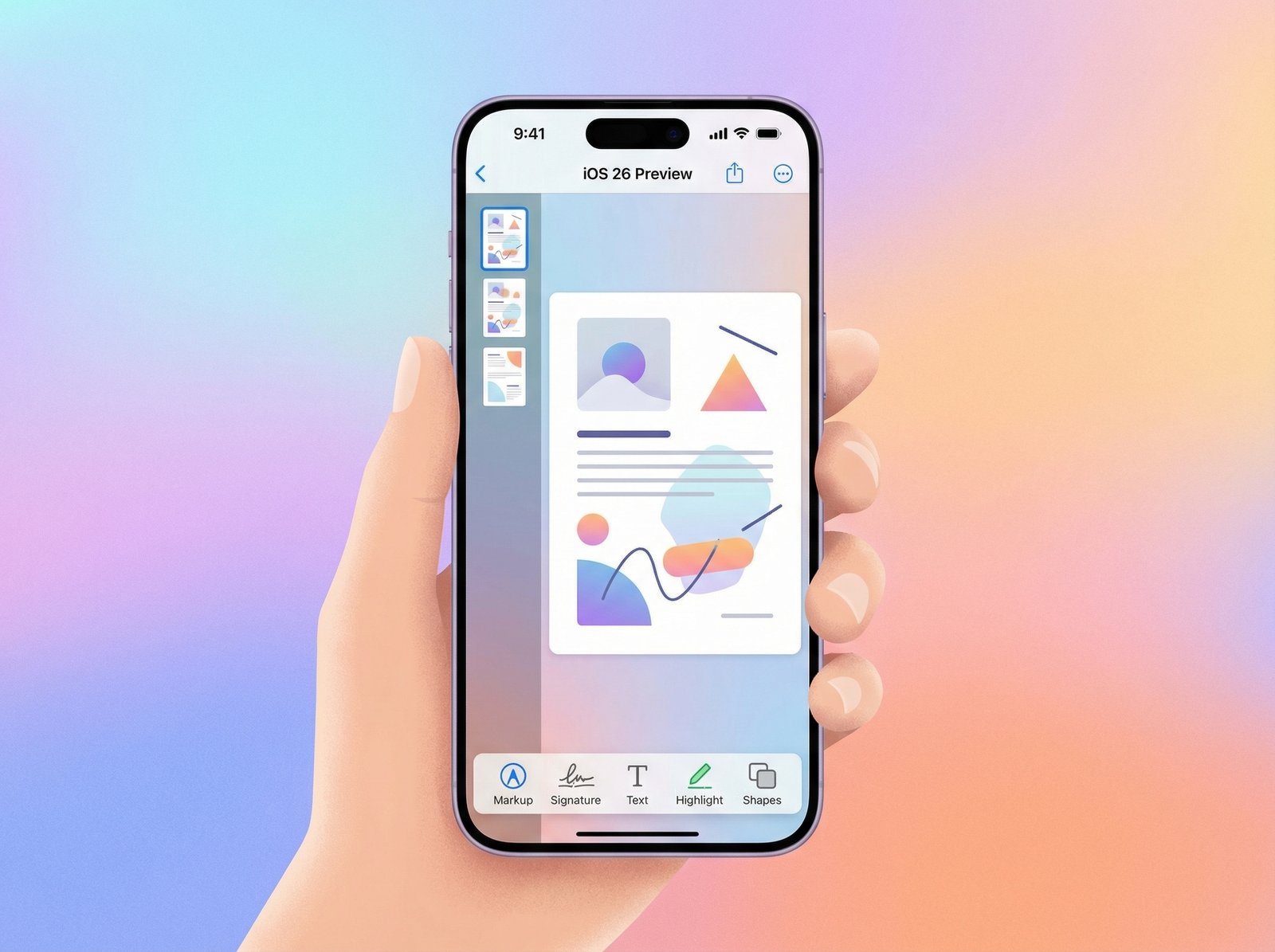 Modern illustration of an iPhone displaying the iOS 26 Preview app interface with a PDF document open, showing editing tools. The background is a soft gradient color. No visible text. 4:3 aspect ratio.