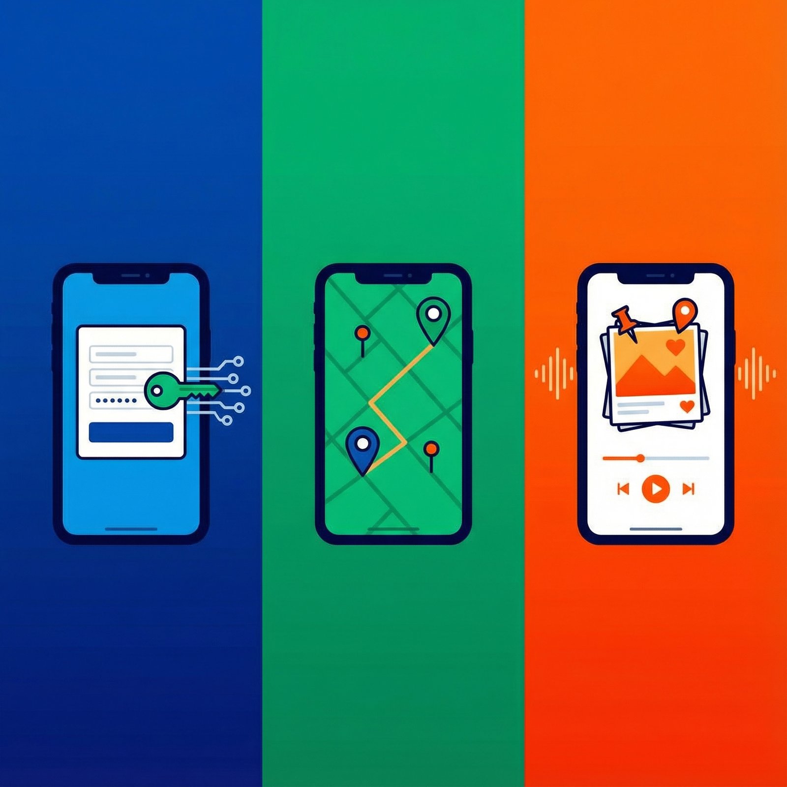 Clean infographic showing three iPhone features: systemwide autofill, visited places, pinned music. Modern layout, high contrast, colored background. 1:1 aspect ratio, no visible text.