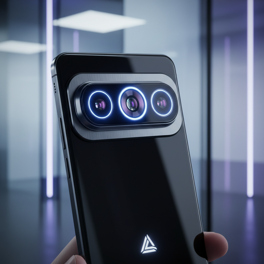 A futuristic high-end smartphone with a sophisticated triple camera setup, glowing lens, modern clean background, high contrast, lifestyle photography, 4:3