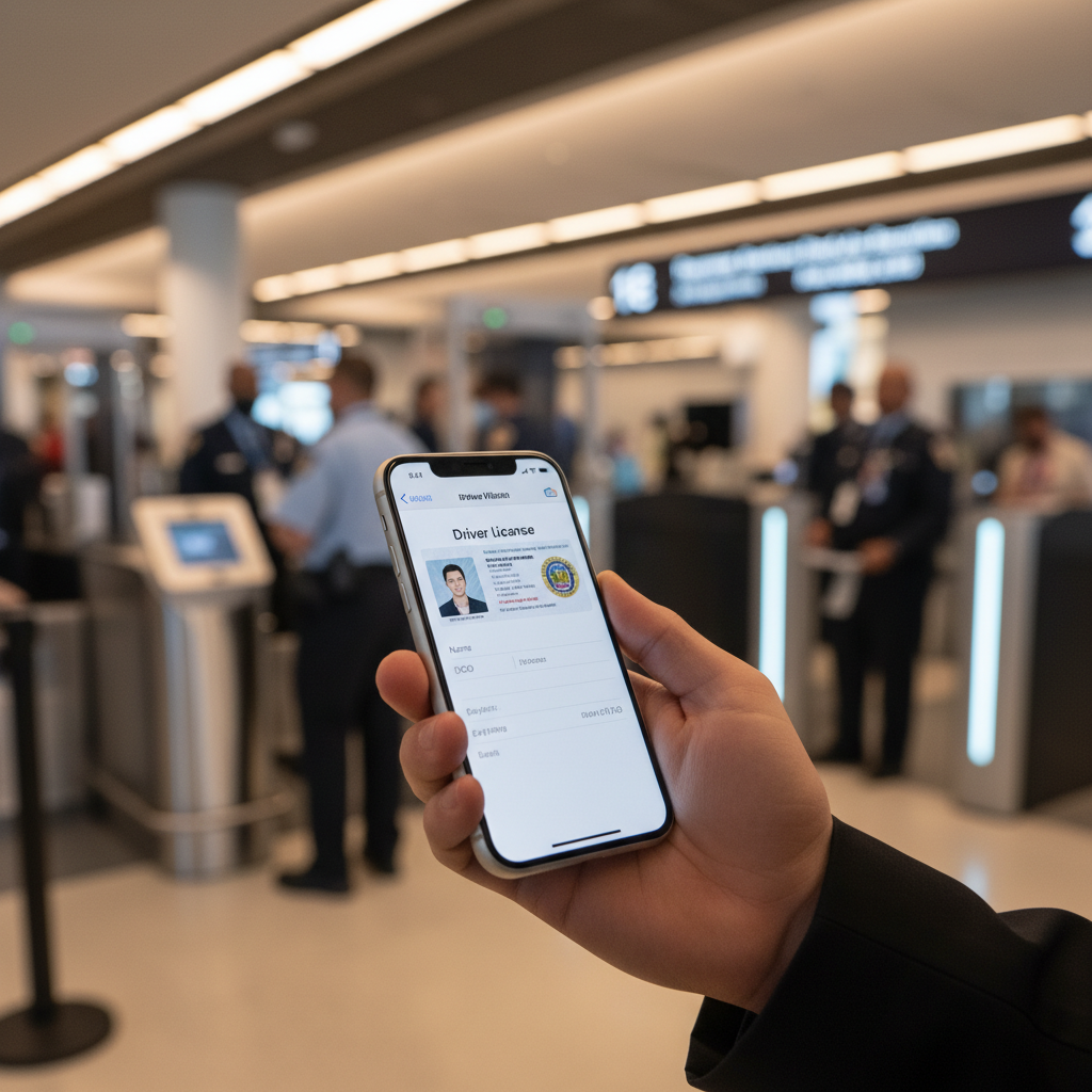A close-up of a person holding an iPhone displaying a digital driver license in Apple Wallet at a modern airport TSA checkpoint, warm lighting, high quality lifestyle photography, no text, 4:3