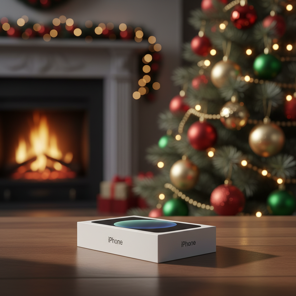 A sleek iPhone box placed next to a beautifully decorated Christmas tree, cozy warm indoor lighting, festive ornaments in background, cinematic composition, rich colors, no text