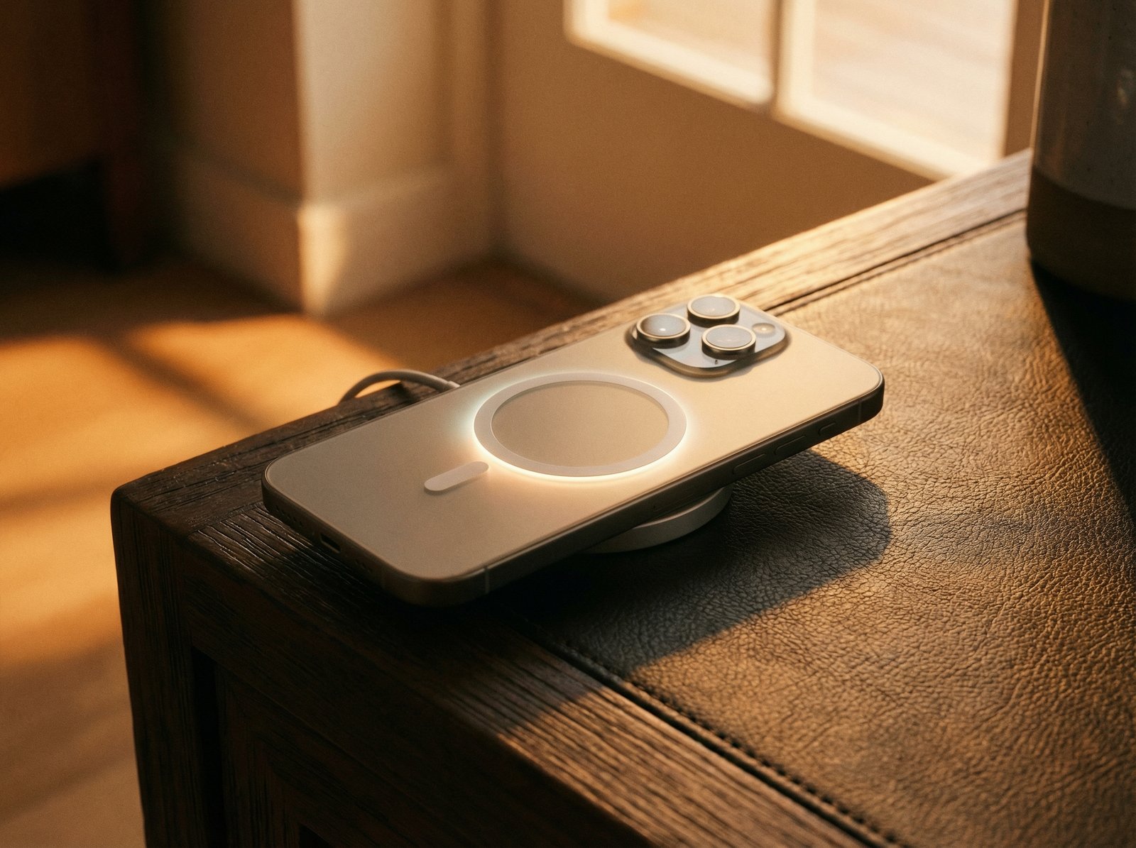 A sleek iPhone 17 Pro being charged wirelessly with a MagSafe charger on a textured dark background, emphasizing the magnetic connection. The image should be a lifestyle photography style with warm lighting. No visible text, 4:3 aspect ratio.