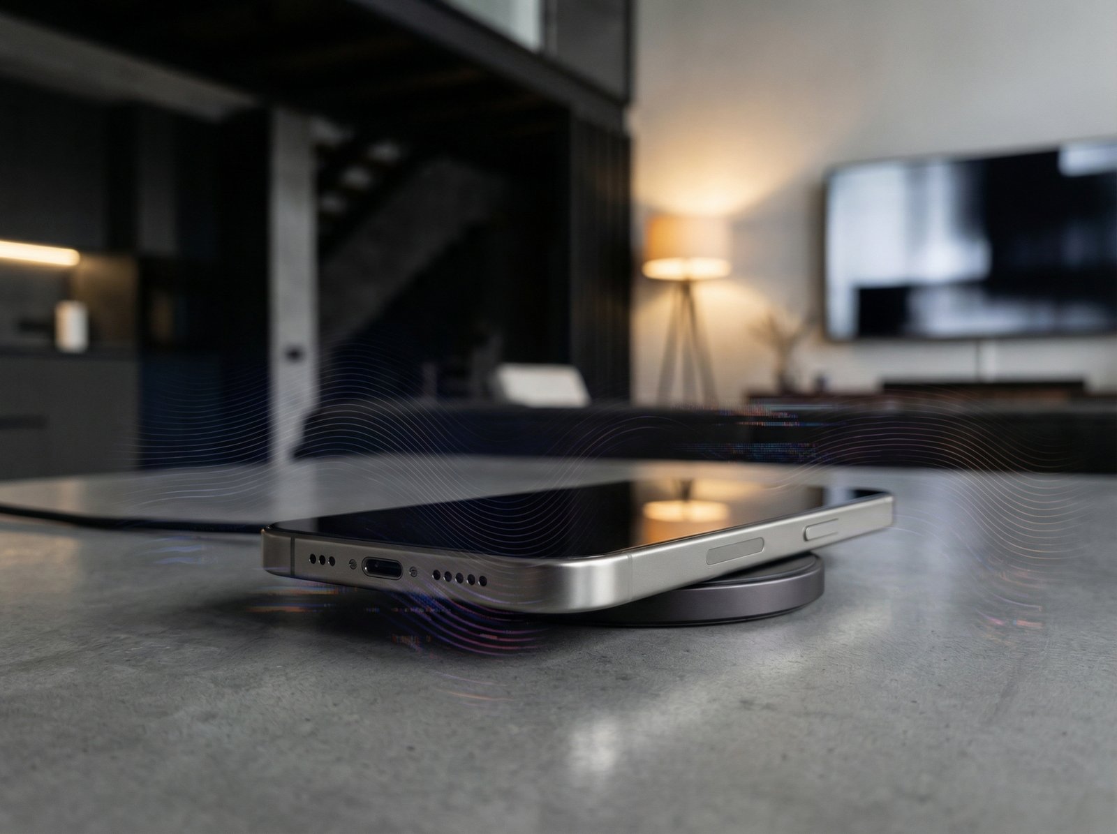 An iPhone 17 Pro on a MagSafe charger, with subtle, abstract visual representations of static or hissing sound emanating from its speakers. The background is a modern, high-contrast interior setting. Aspect ratio 4:3, no visible text.