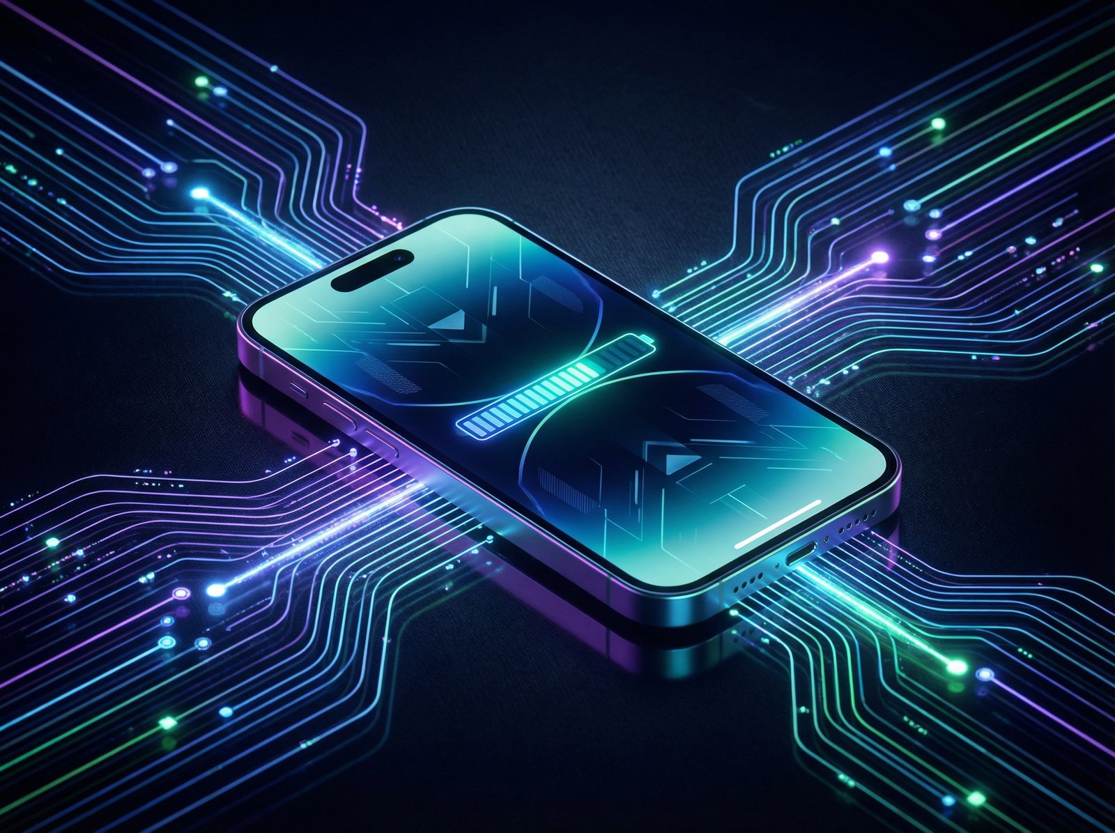 A stylized image of an iPhone 17 Pro displaying a software update progress bar. Digital lines and abstract data flow around the phone, suggesting a fix or improvement. The style is modern and high-contrast. Aspect ratio 4:3, no visible text.