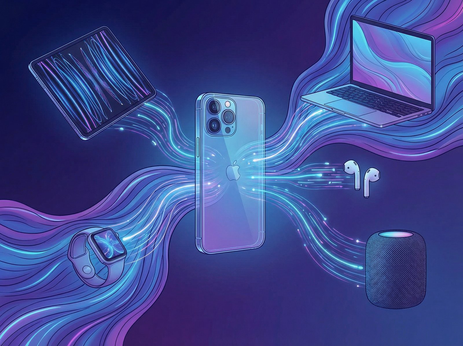 A stylized illustration showing an iPhone at the center, with various Apple devices (iPad, Apple Watch, Mac) connected by glowing lines representing seamless AI integration across an ecosystem. Blue and purple color scheme. Aspect ratio 4:3, no visible text.