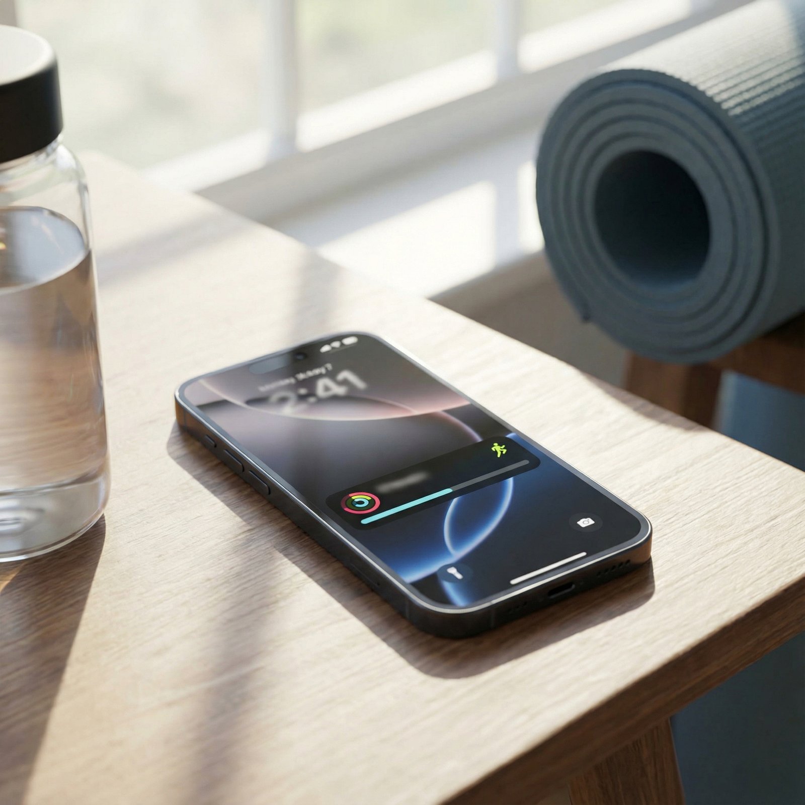 Lifestyle photography of an iPhone Lock Screen displaying a Fitness Live Activity, showing workout duration and type, natural lighting, no visible text, 1:1 aspect ratio.