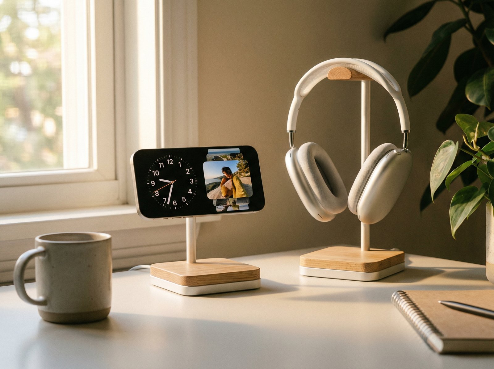 An iPhone on a sleek charging stand, displaying the StandBy feature. Next to it, a modern headphone stand holds a pair of wireless headphones. The scene is set on a clean desk with warm, natural lighting. Lifestyle photography style. No visible text. 4:3 aspect ratio.