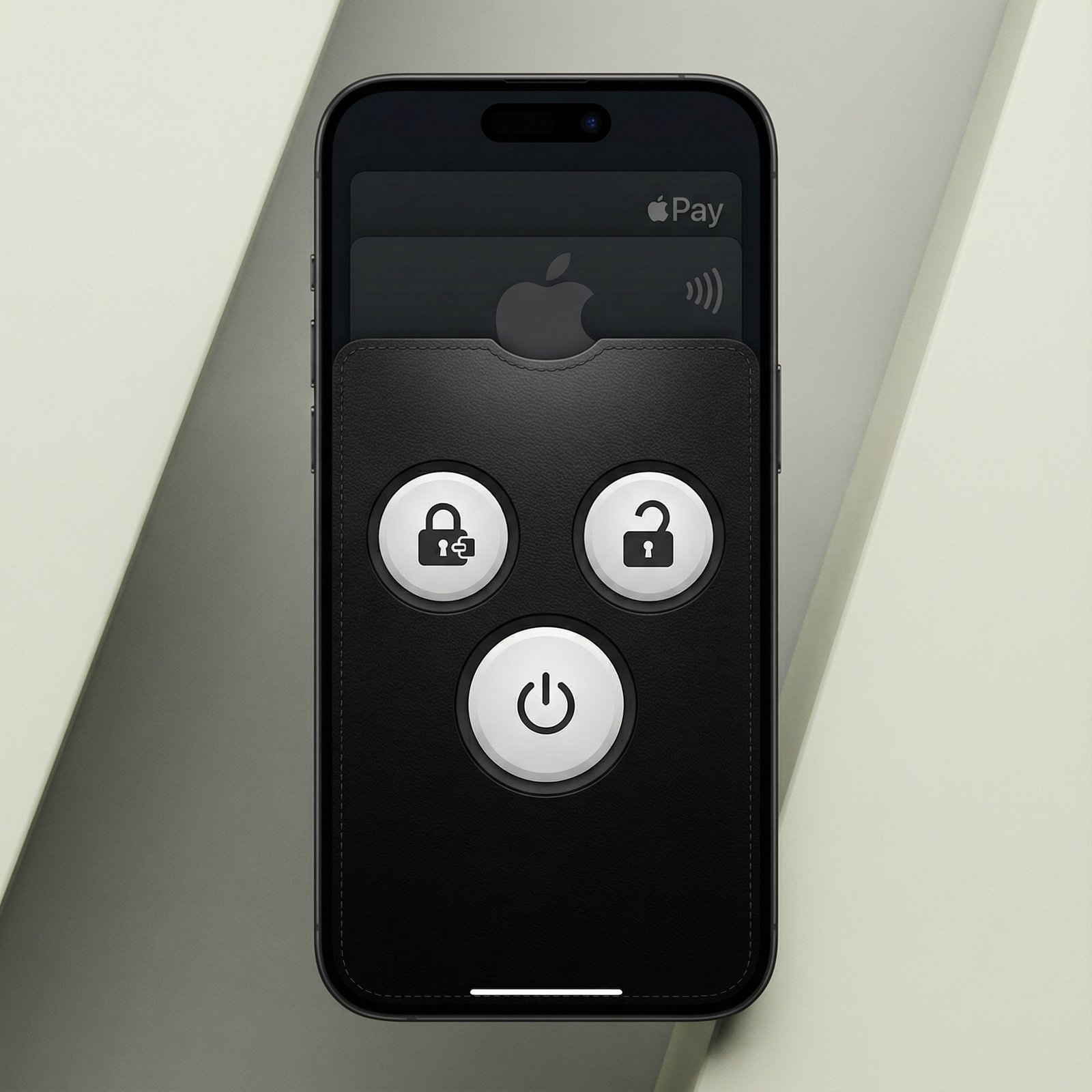 An iPhone screen displaying various car key functionalities like lock, unlock, and start buttons, integrated within the Apple Wallet interface. Clean, modern layout, high contrast. Aspect ratio 1:1. No visible text.