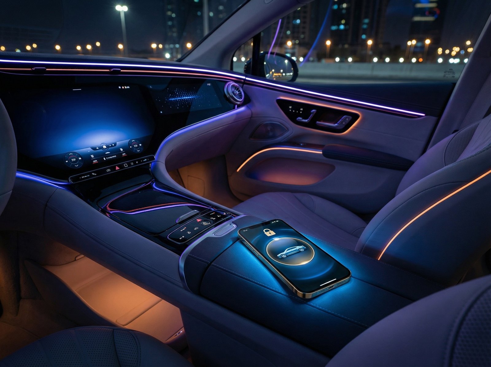 A modern car interior at night, with an iPhone displaying a car key function prominently on the center console. The iPhone screen shows a digital car key interface. The interior is sleek and futuristic, with soft ambient lighting. Aspect ratio 4:3, no visible text.