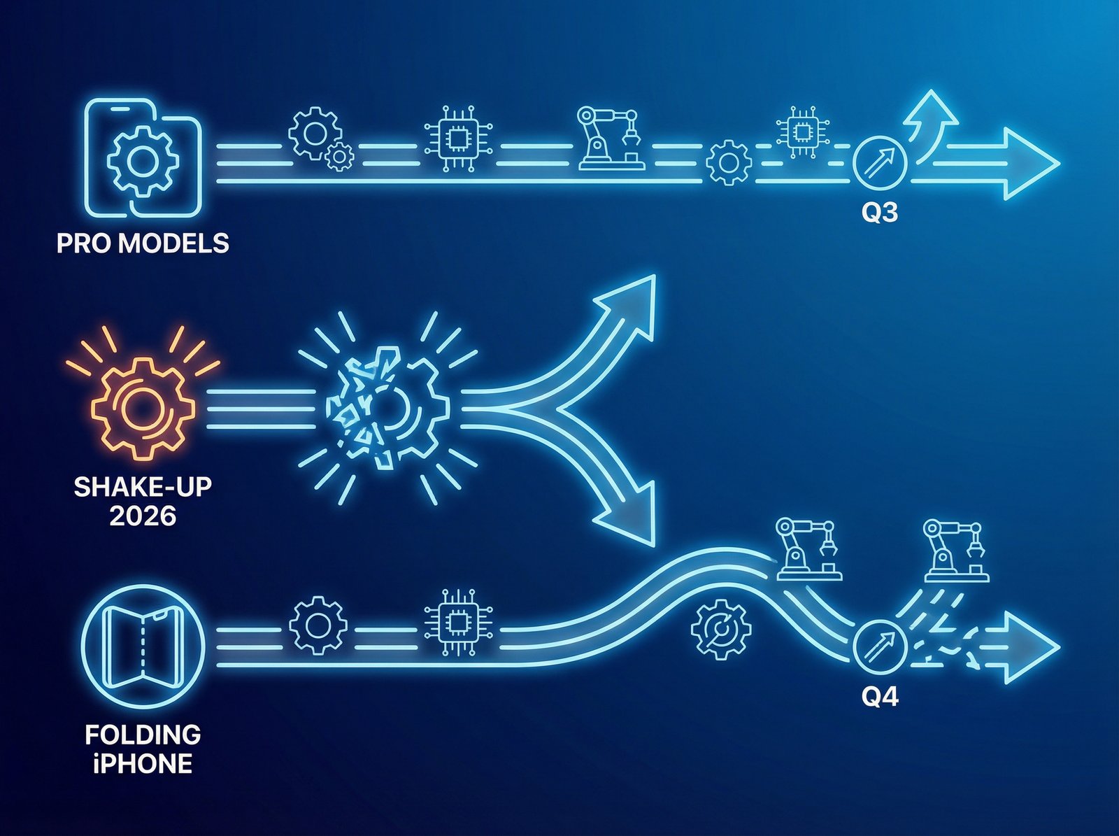 An infographic style image depicting a future iPhone production and release timeline, illustrating the shake-up in Apple's schedule for 2026, showing only Pro models and folding iPhone. Clean, modern layout with high contrast, on a deep blue gradient background. No visible text. Aspect ratio 4:3.