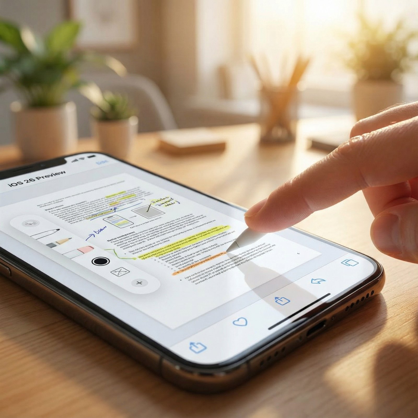 A close-up shot of an iPhone screen displaying the iOS 26 Preview app with a PDF document open, showing the markup tools active. A finger is touching the screen as if editing. The background is a soft, warm office setting with natural lighting. No visible text. 1:1 aspect ratio.