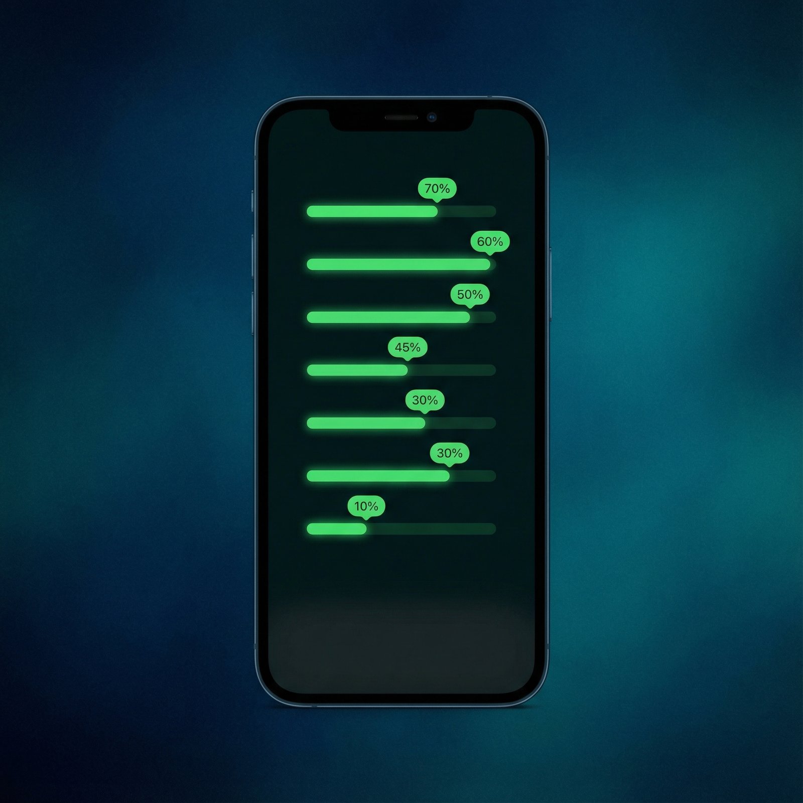 iPhone screen displaying detailed battery usage statistics, with green bars and percentages, modern layout, high contrast, colored background, centered focus, no visible text, aspect ratio 1:1