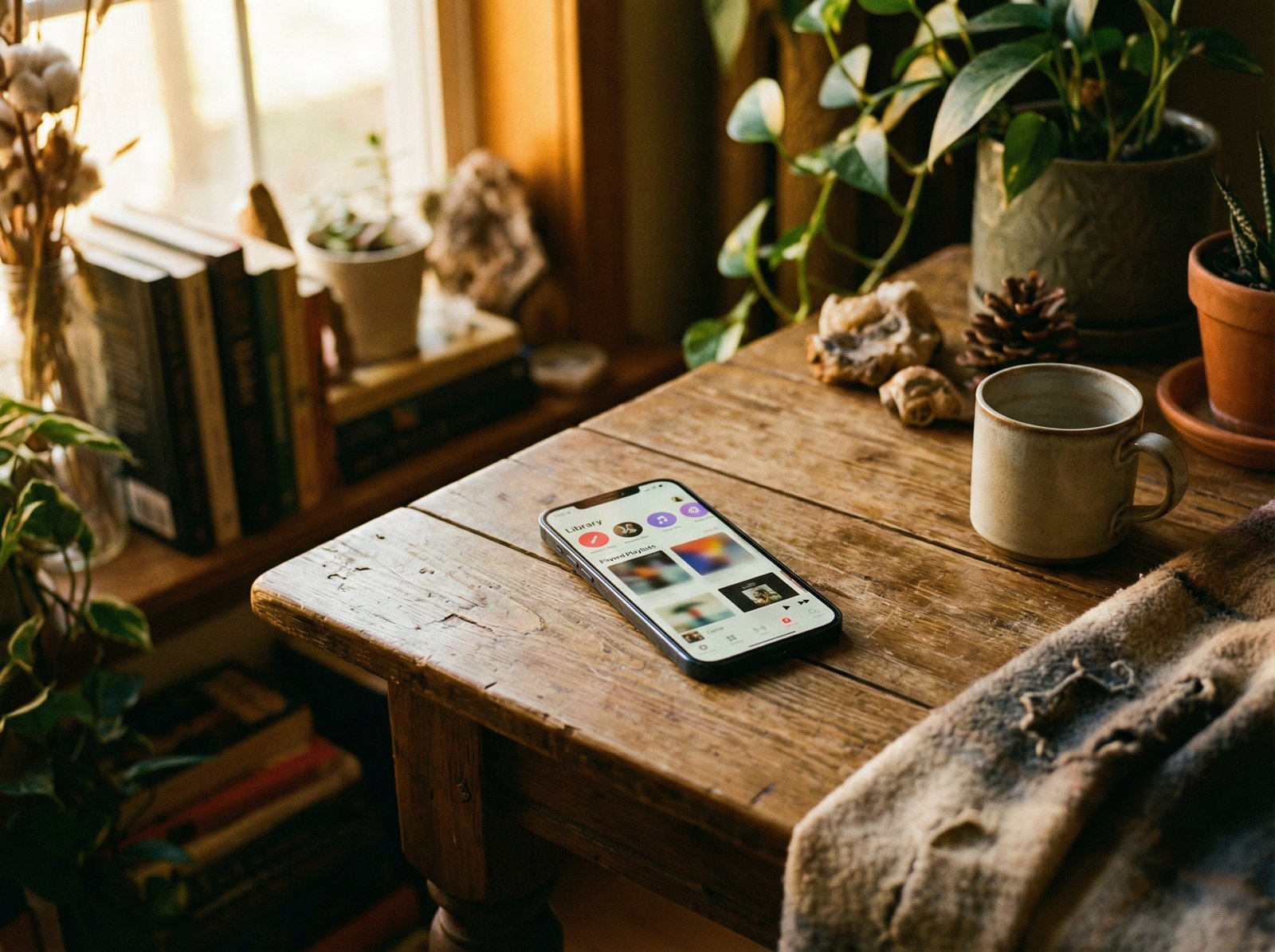 An iPhone displaying the Apple Music app, with several playlists or songs pinned to the top of the library. Warm lighting, natural setting, visually rich. 4:3 aspect ratio, no visible text.