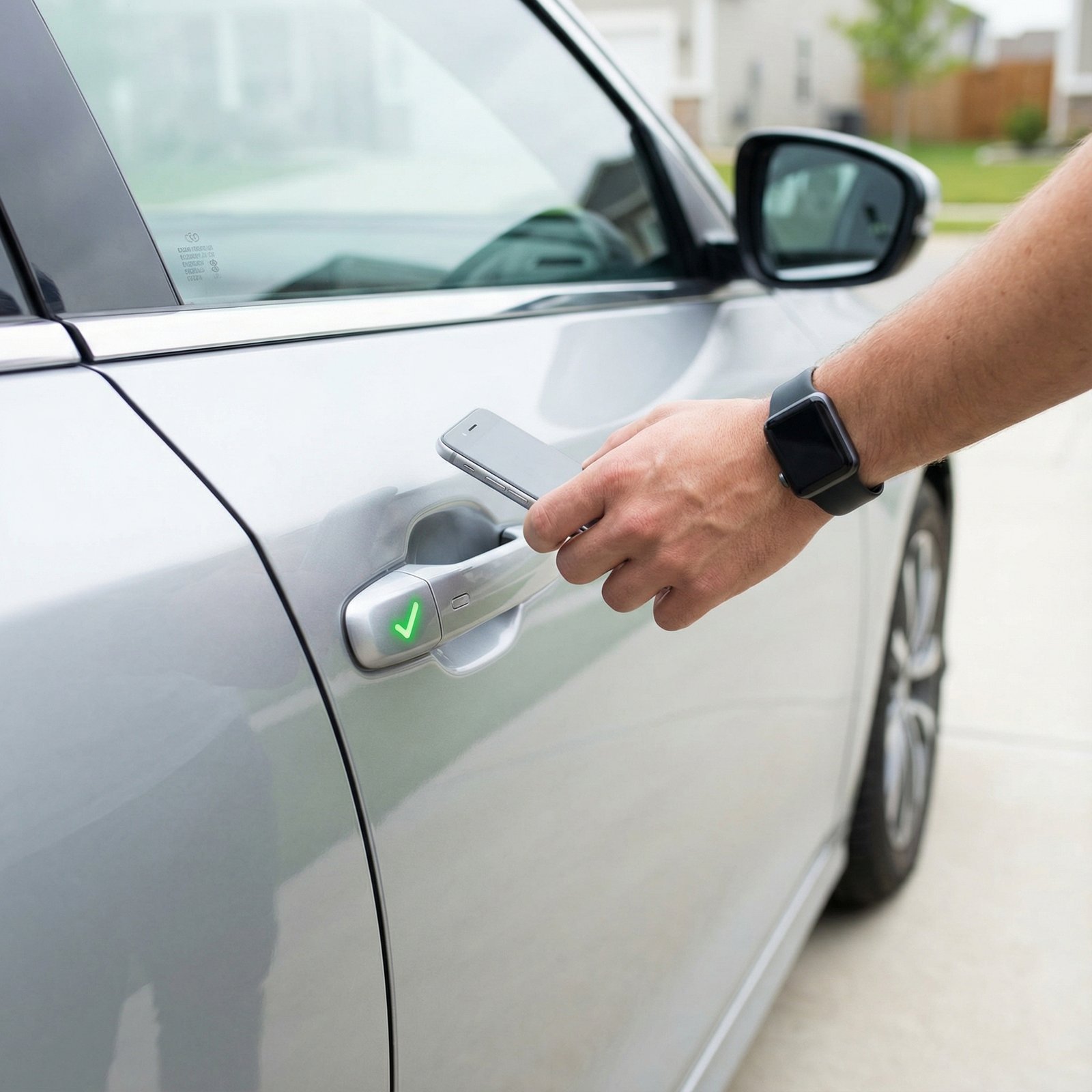 A hand holding an iPhone close to a generic modern car door handle, with a green checkmark or unlock symbol appearing on the car. Bright, balanced lighting, informational style, lifestyle photography. aspect ratio 1:1, no visible text, No Korean text.