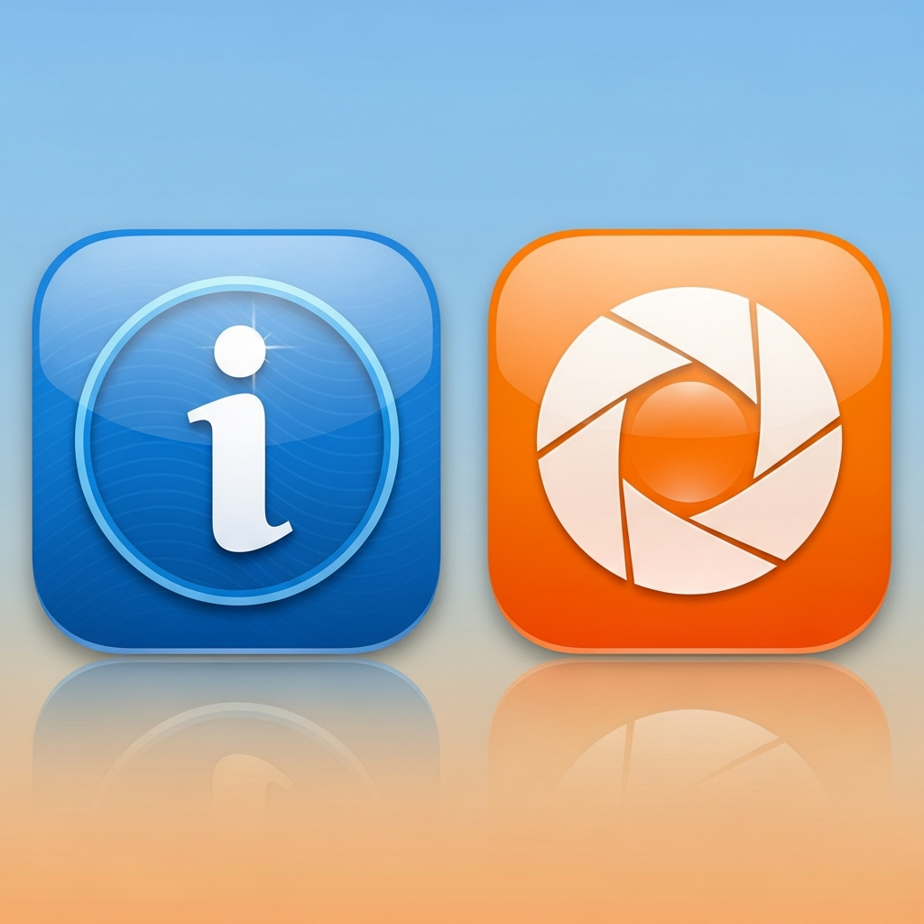Two distinct, stylized icons representing iWeb and Aperture 3, reminiscent of early 2000s Apple software, placed on a gradient background, artistic rendering, no text, clean design.