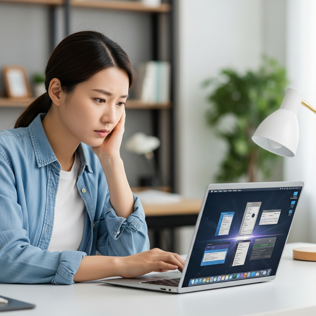 A Korean person (male or female) working on a MacBook with several application windows open. The person has a slightly concerned or stressed expression. The MacBook screen subtly hints at a performance issue, perhaps a minor visual glitch. Modern office or study background, bright and balanced lighting. Lifestyle photography, no text.
