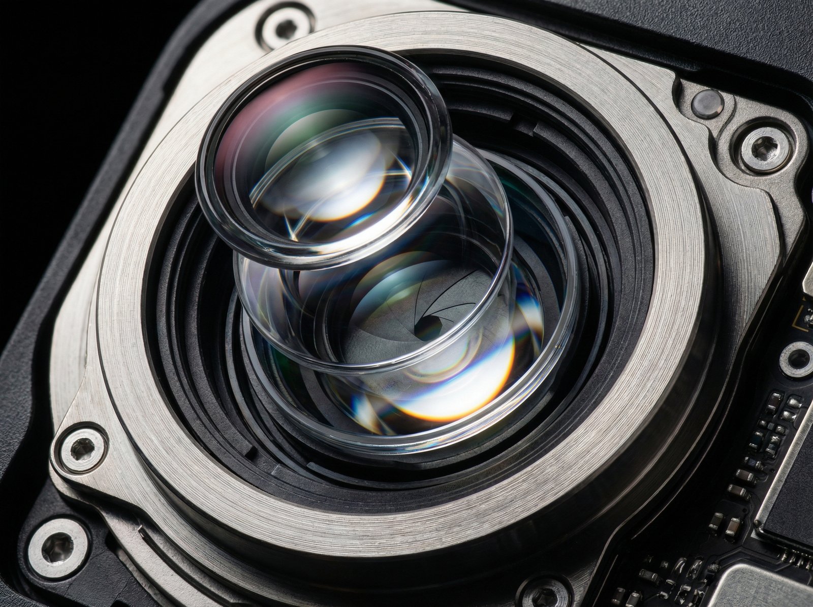 Extreme close up macro shot of a sophisticated smartphone camera lens assembly. Glass reflections and internal optical elements visible. Professional technology photography, high contrast, 4:3 aspect ratio, no text.