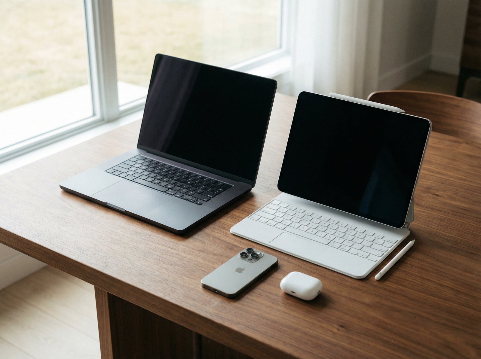 An array of modern Apple devices including iPhone, iPad, and MacBook arranged neatly on a designer table. Cohesive ecosystem look, soft natural light from a window. High-end product photography, 4:3 aspect ratio, no text.