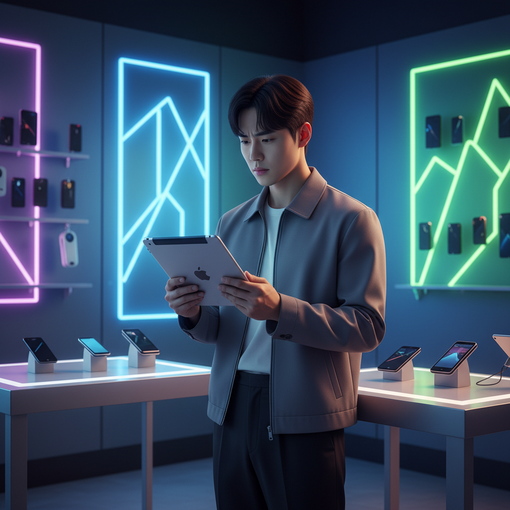 A young Korean person looking at an iPad in a modern electronics store, thoughtful expression, lifestyle photography, high contrast, colored background, no text, 4:3