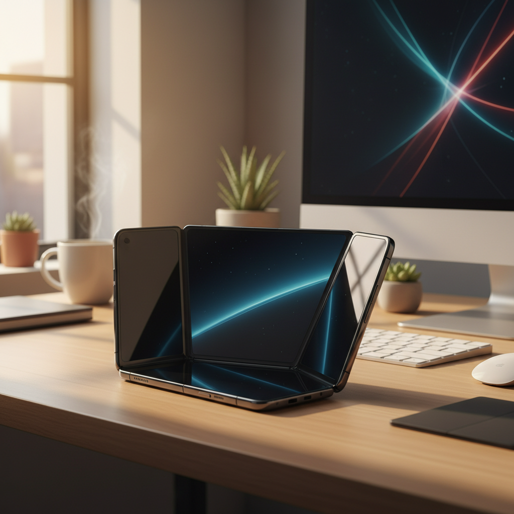 A sleek foldable smartphone with a wide aspect ratio, modern workspace setting, warm ambient lighting, premium metallic finish, no text