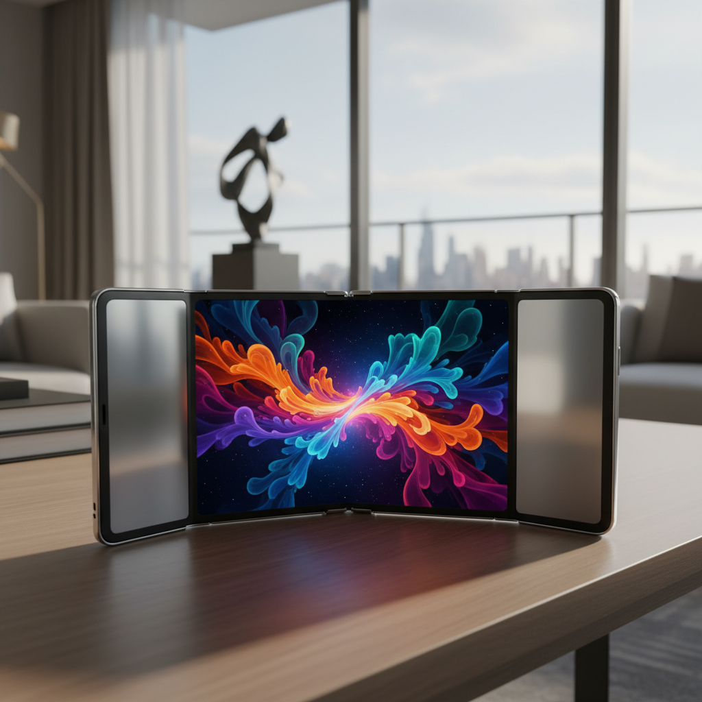 A conceptual foldable smartphone that is wider than it is tall when unfolded, sleek metallic design, high-end lifestyle setting, colorful screen with abstract art, no text