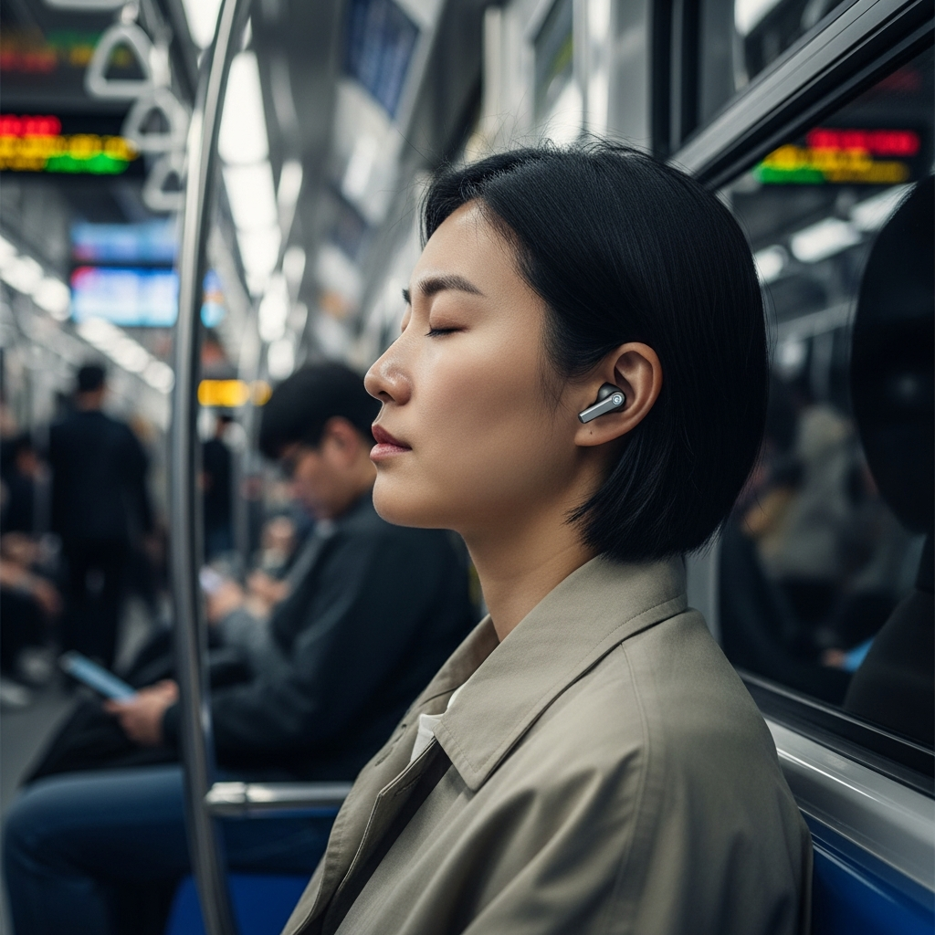 A Korean person commuting on a busy subway, wearing sleek, modern earbuds. The background is blurred to emphasize the noise-cancelling effect, showing a serene facial expression amidst the chaos. Minimal and clean design. No text.