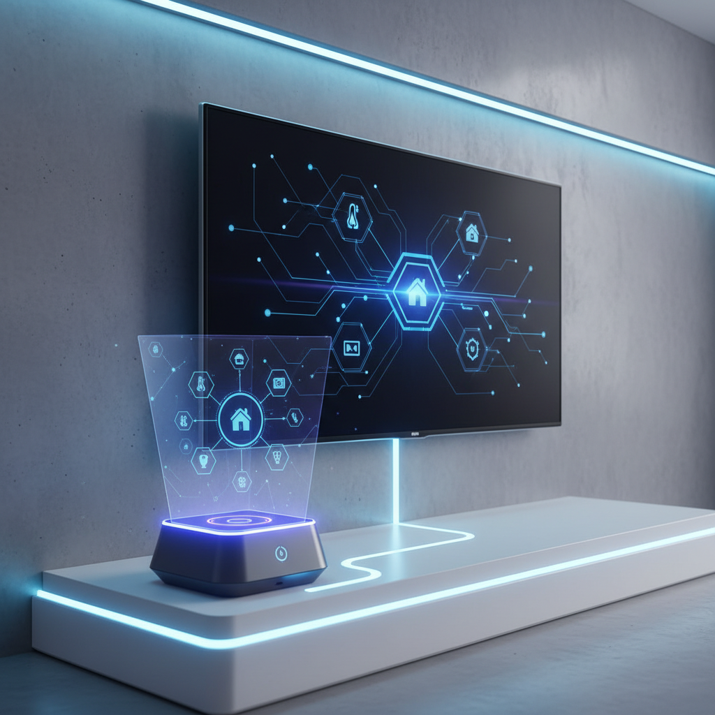 A high-tech smart home hub device next to a modern TV, clean infographic style, glowing blue and purple accents, modern layout, no text